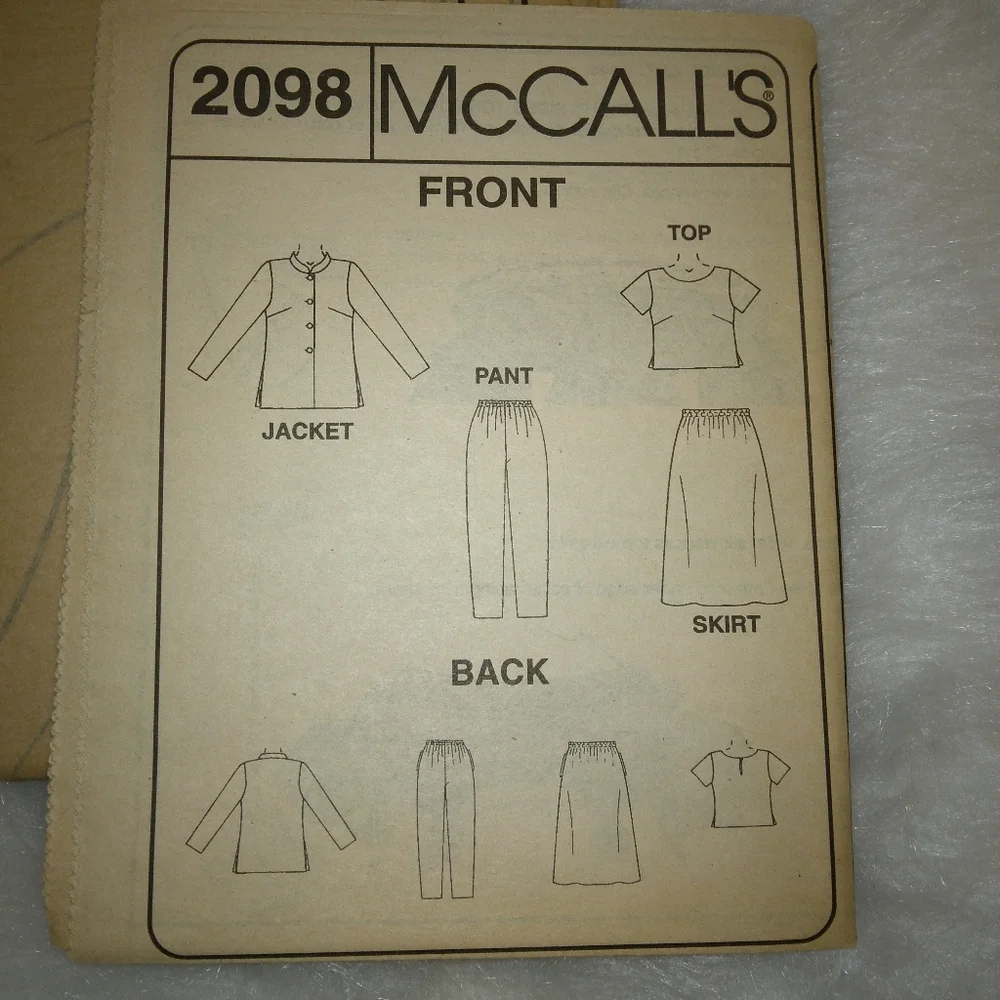 McCall's 2098 Sz 18W-22W Misses EASY Unlined jacket, top, pull on pants, skirt